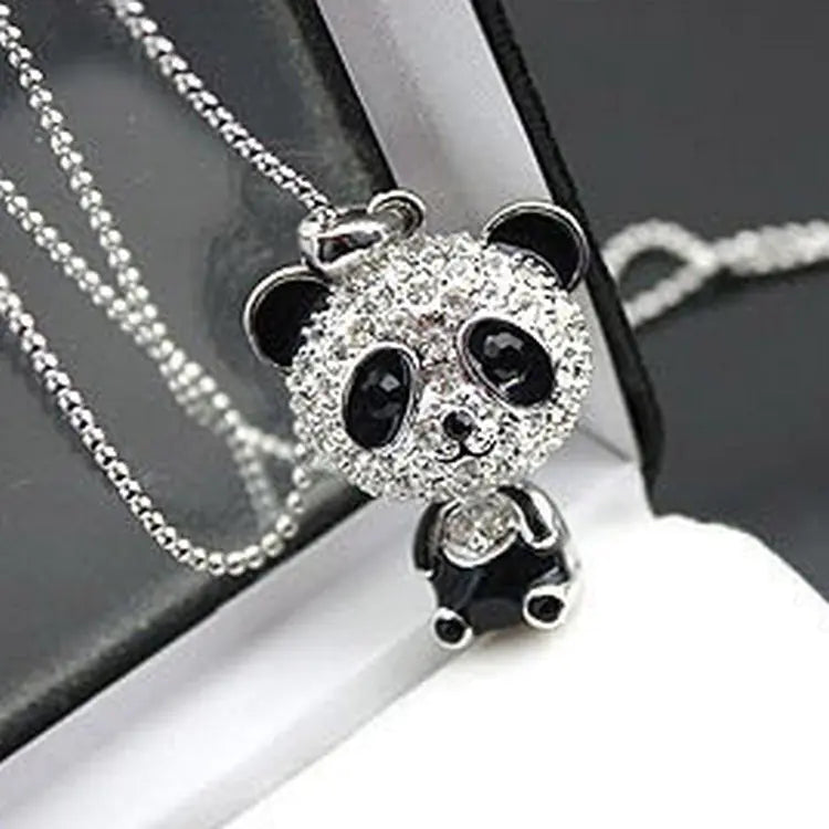 Cute Panda Necklace with Sparkling Pendant, Long Chain