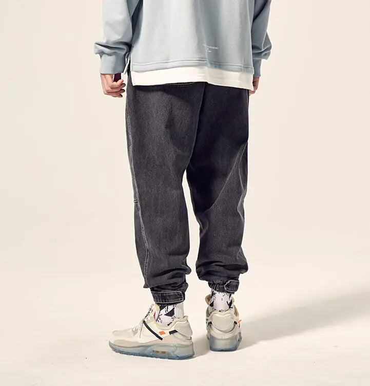 Men's Loose Wash Denim Joggers with Drawstring Detail