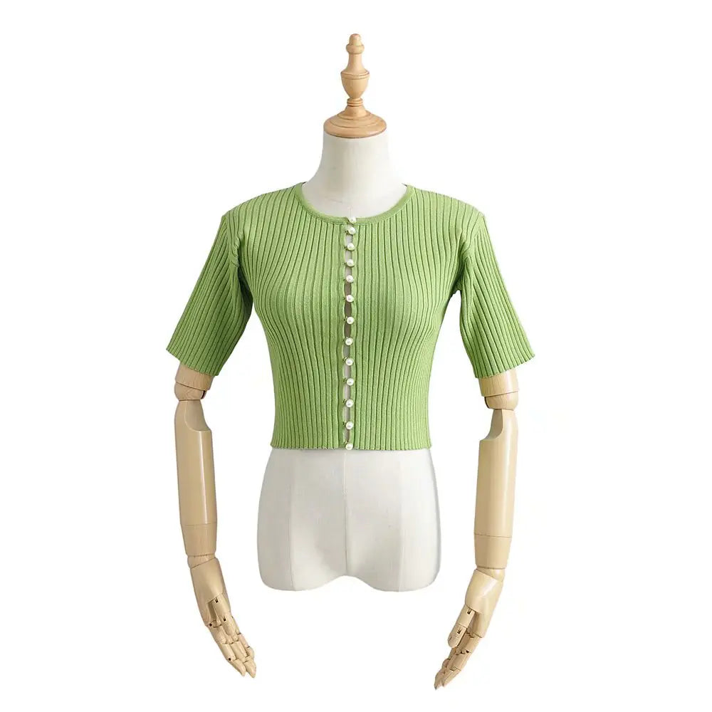 Purple Pearl Button Cropped Knit Top for Women