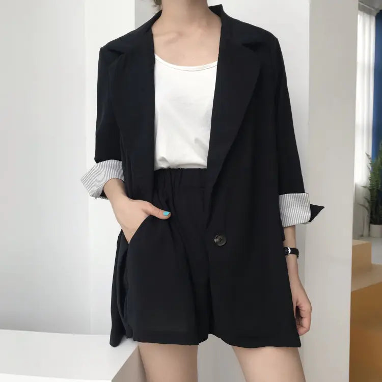 Women's Thin Striped Sleeve Blazer and Shorts Set
