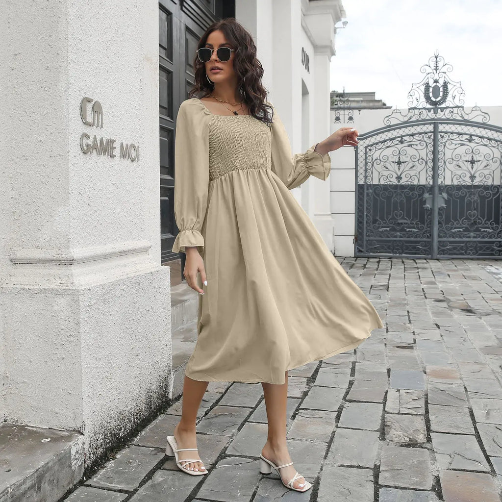 Pleated Dress with Flared Sleeve T-Neck Design