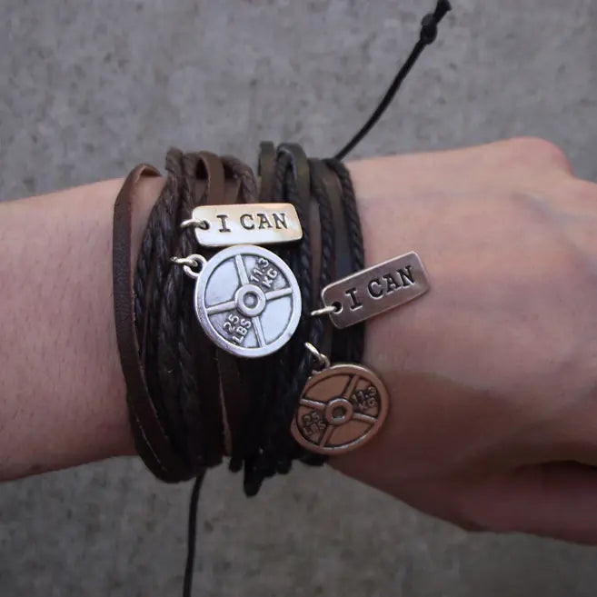 Retro Multi-Layer Leather Bracelet with Dumbbell Charm