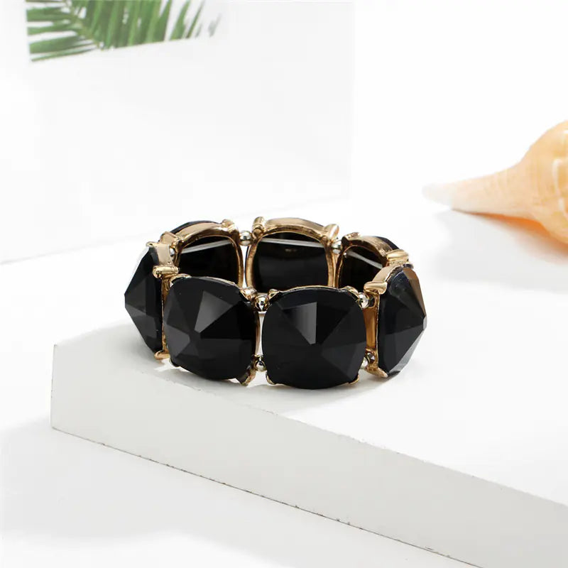 Vintage Cut Black Gem Wide Bracelet with Large Stone