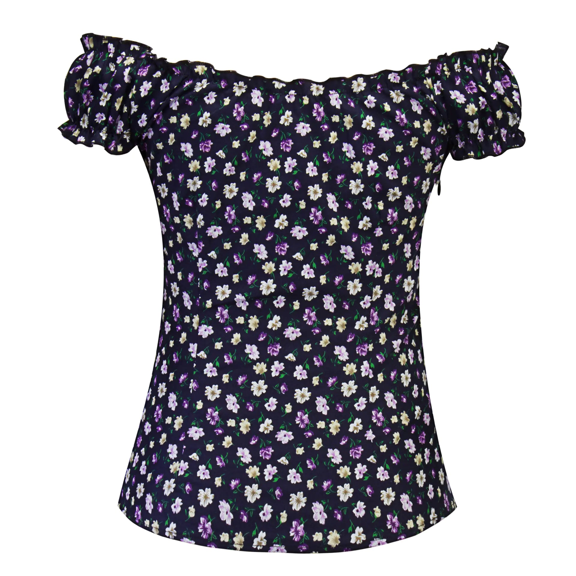 Sweet Ruffle Off-Shoulder Printed Slim Fit T-Shirt