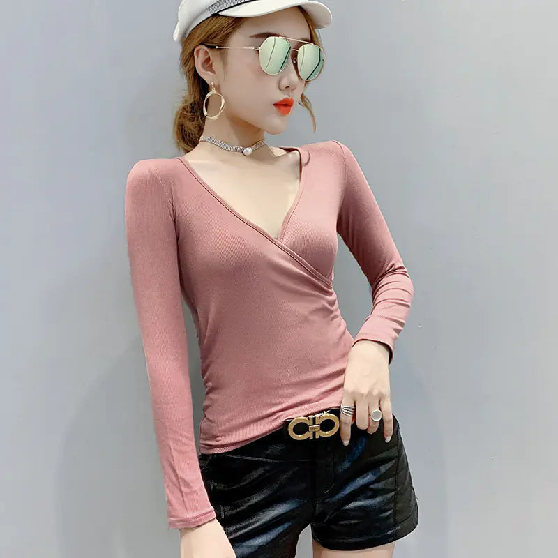 Minimalist Colorful Cotton T-Shirt with Deep V-Neck
