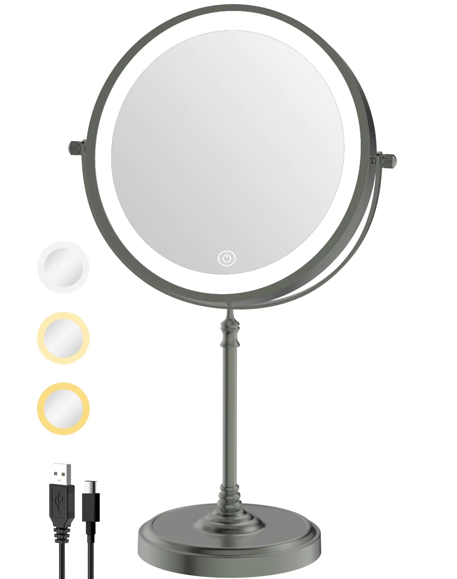 LANSI 9" Lighted Makeup Mirror with Lights and Magnification 1X/10X Double Sided 5000mAh Rechargeable Vanity Mirror with 3 Dimmable Color Light Gunmetal Gray