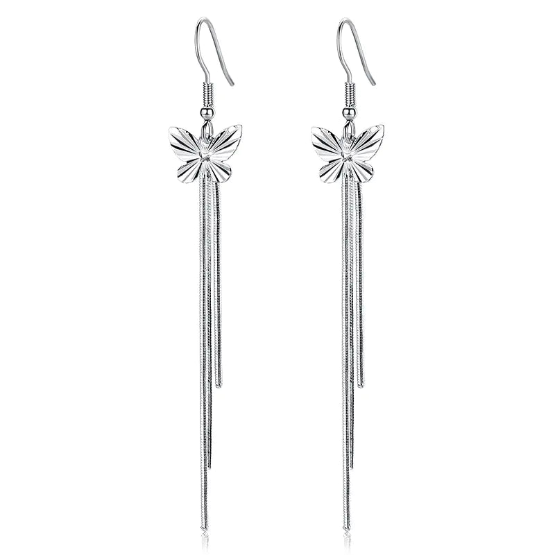 Stylish Long Butterfly Tassel Earrings in Silver