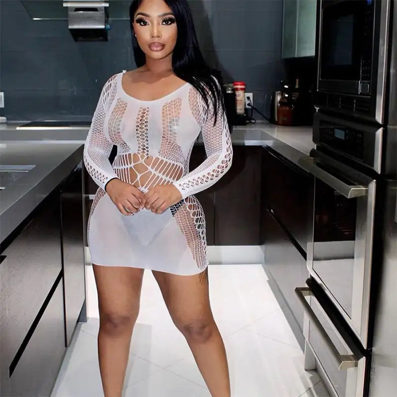 Slim Fit Long Sleeve Fishnet Sheath Dress