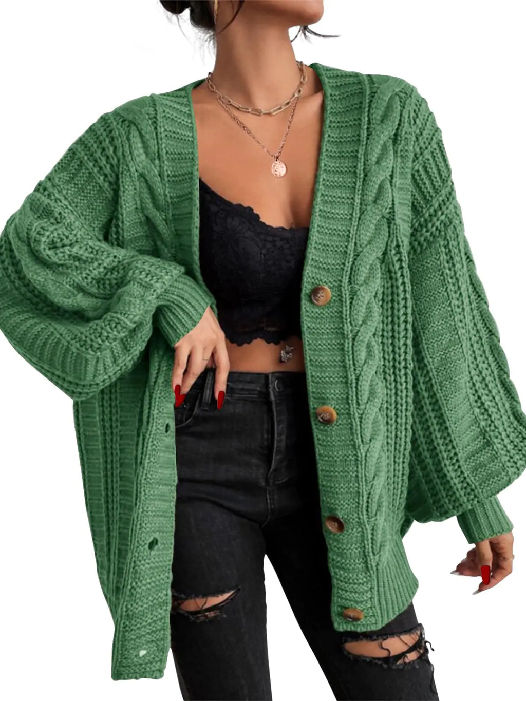 Womens  Oversized Cardigan Sweaters Fall Winter Lightweight Soft Knit Cardigan Open Front Button Outwear Coats Dark Green