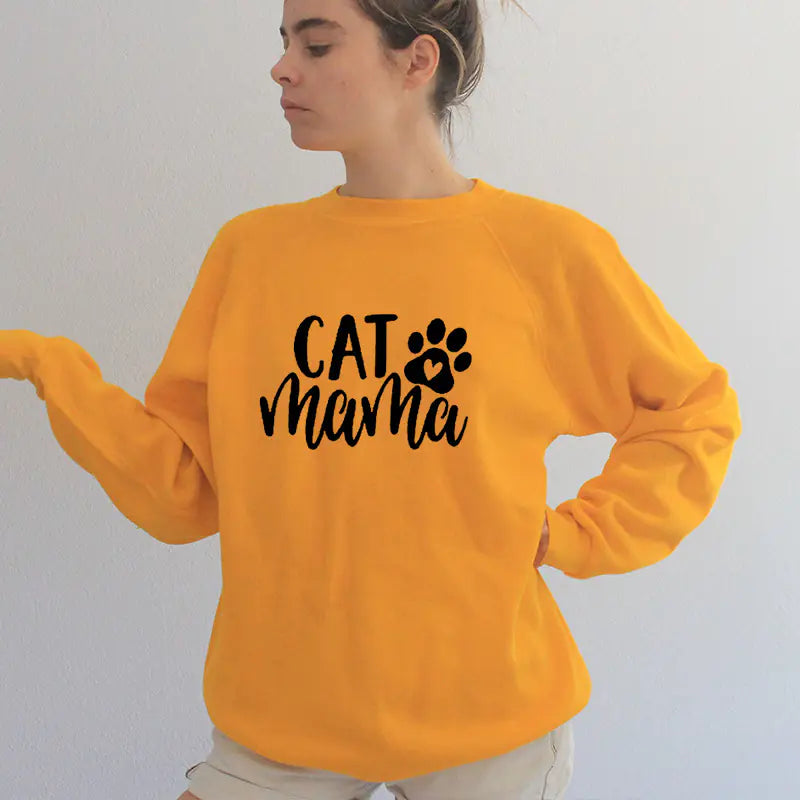 Cotton Crew Neck Sweatshirt with Cat Mama Design