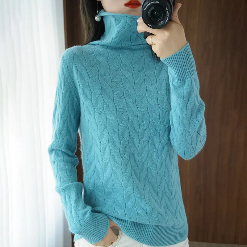 Chunky Neck Cable Knit Sweater for Women, Long Sleeve