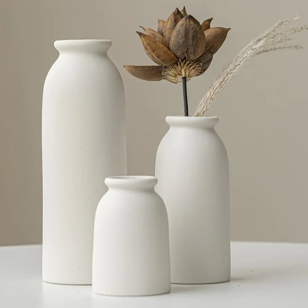 Ceramic Vase Set-3 Small Flower Vases for Decor Modern Boho Farmhouse Style Decorative Vases for Pampas Grass & Dried Flowers Distressed Finish (White)