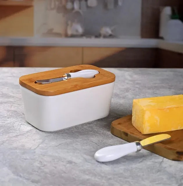 Ceramic Butter Dish with Bamboo Cover and Knife