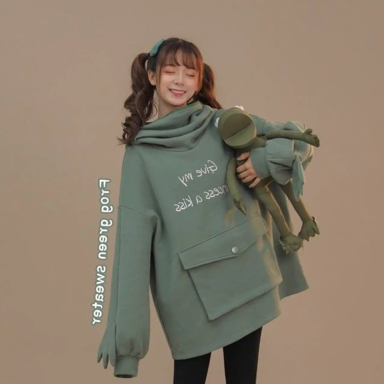 Avocado Green Fleece Sweatshirt with Frog Design