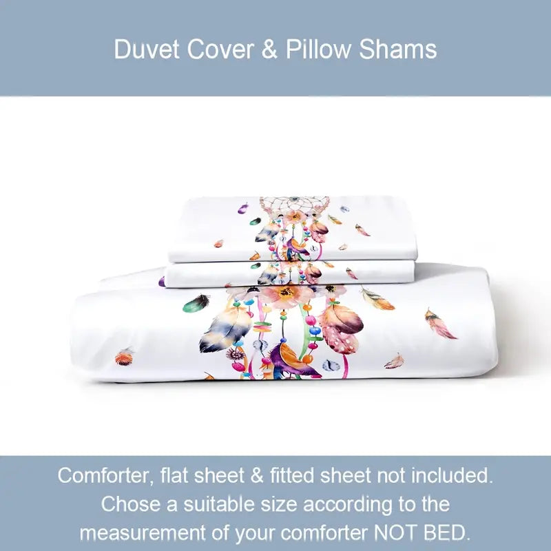 3pcs Dream Catcher Watercolor Feather Duvet Cover Set