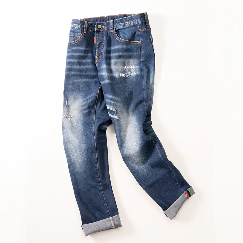 Hand-Stitched Frayed White Men's Straight Long Pants