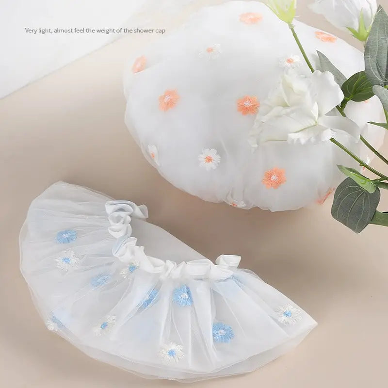 Double Layer Waterproof Shower Cap with Daisy Embroidery