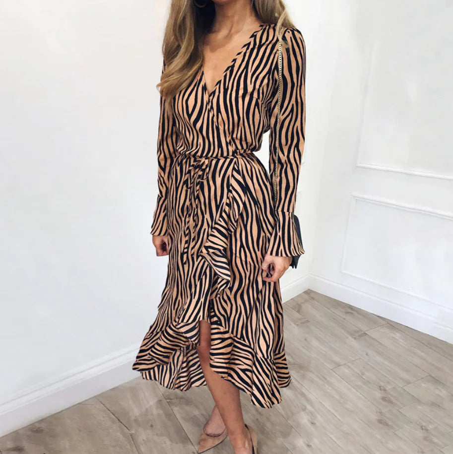 V-Neck High-Waisted Women's Chiffon Dress with Print