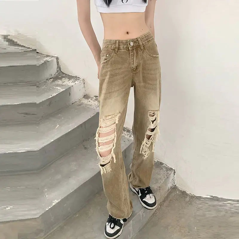 High Waist Retro Casual Straight Denim Trousers