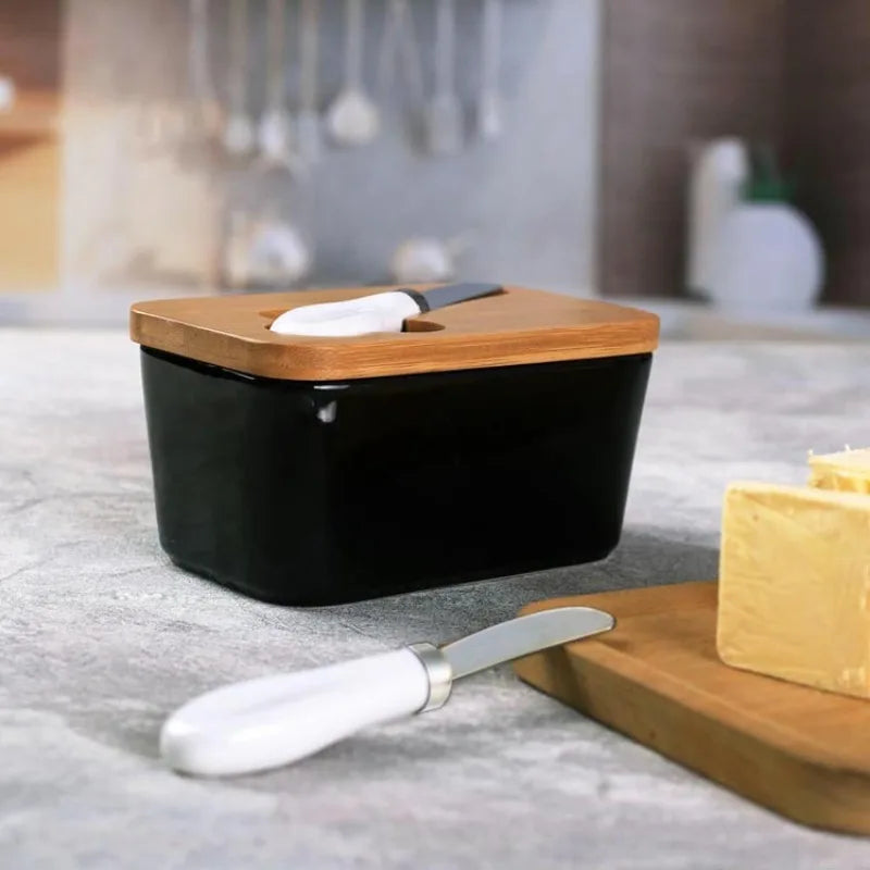 Ceramic Butter Dish with Bamboo Cover and Knife