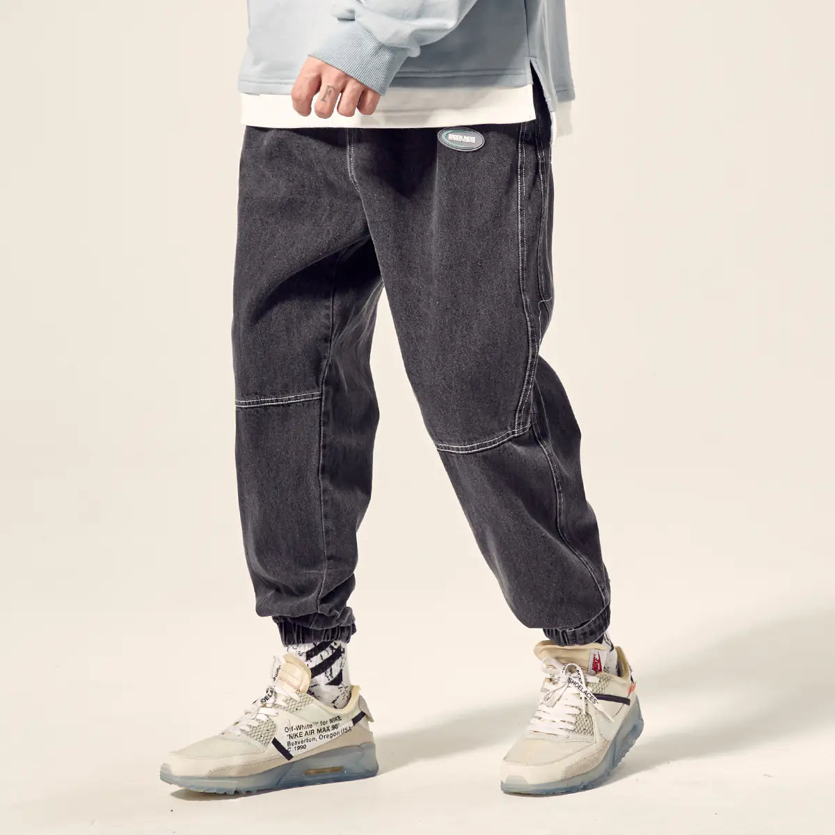 Men's Loose Wash Denim Joggers with Drawstring Detail