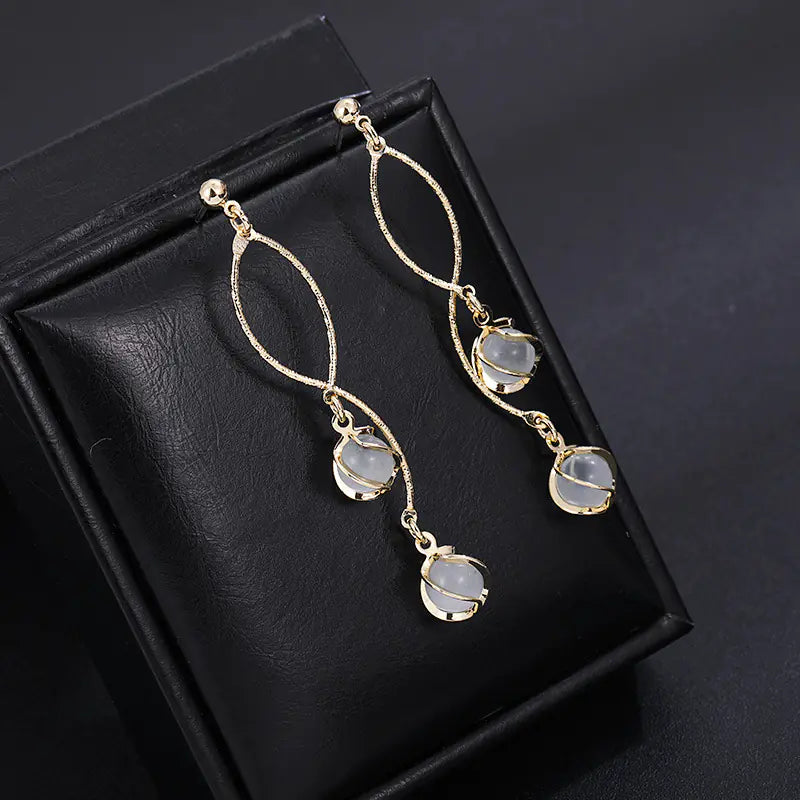 Stylish Cat Eye Stone Earrings - Chic Long Drop Design