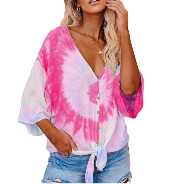 Tie-Dye Print Batwing Sleeve T-Shirt for Women