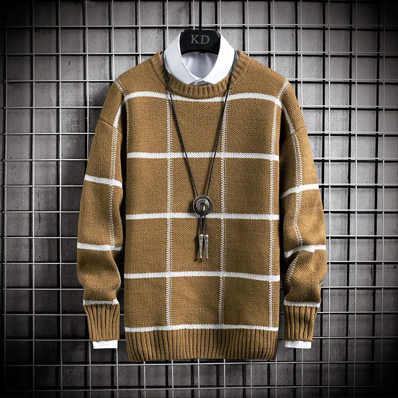 Men's Thick Knit Sweater - Casual Long Sleeve Plaid