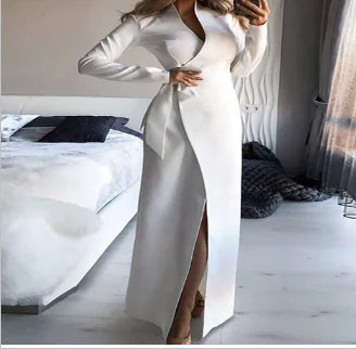 White V-Neck Wrap Dress with Split Sleeve (One Piece)