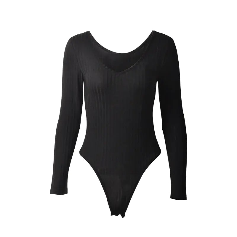 V-Neck Long Sleeve Ribbed Jumpsuit for Women