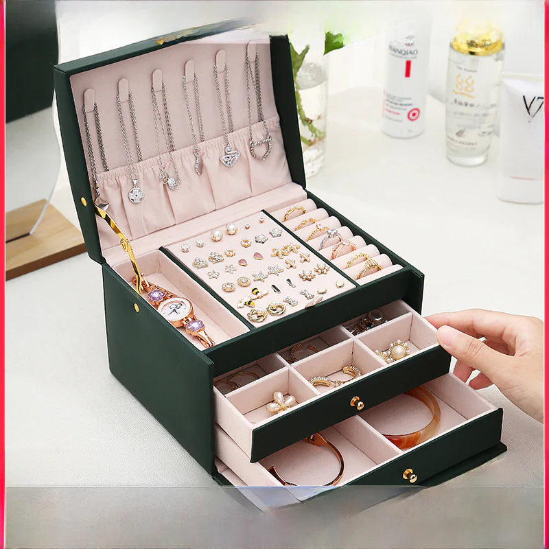 Minimalist 3-Tier Leather Jewelry Box with Lock
