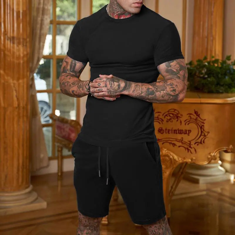 Men's Solid Color Short Sleeve T-Shirt and Shorts Set