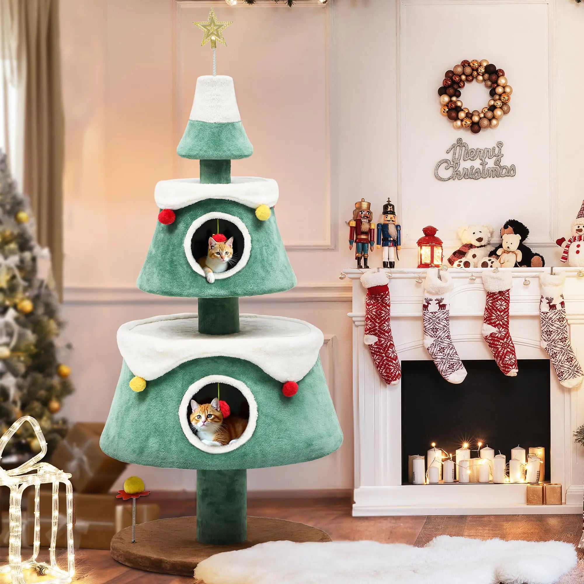 63" Christmas Cat Tree with Cat Teaser Toy Cat Tower for Indoor Cats with 2 Cat House Christmas Tree Design with Plush Ball for 2 Cat
