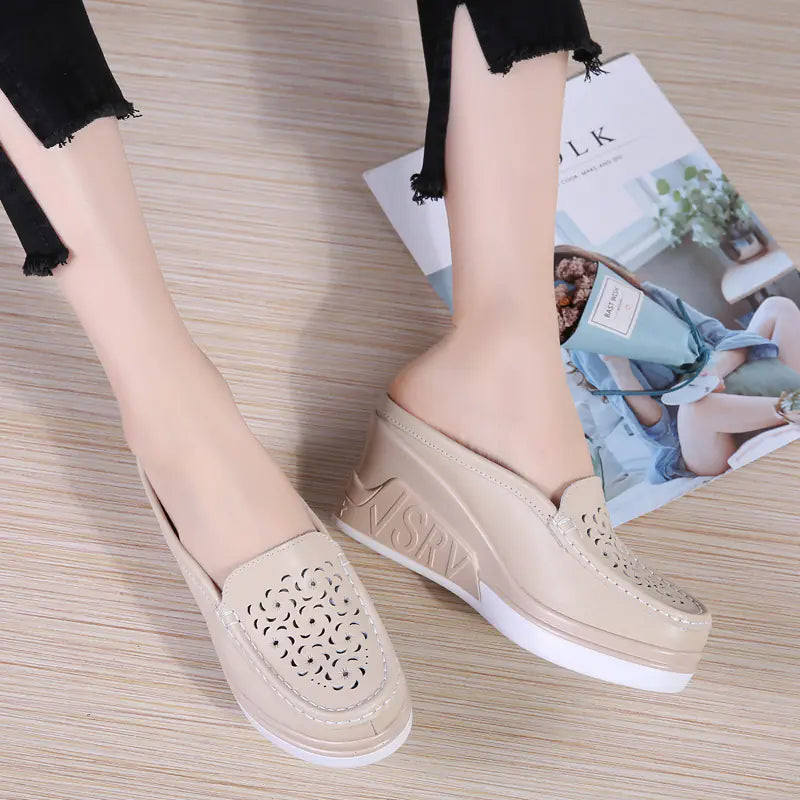 Fashionable Thick-soled Leather Slip-on Mules