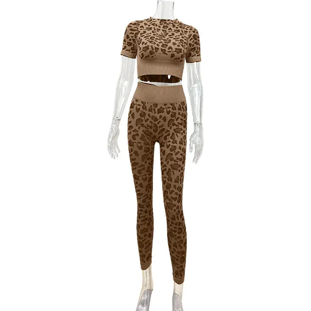 Leopard Print Short-Sleeved Yoga Fitness Suit