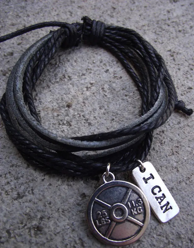 Retro Multi-Layer Leather Bracelet with Dumbbell Charm