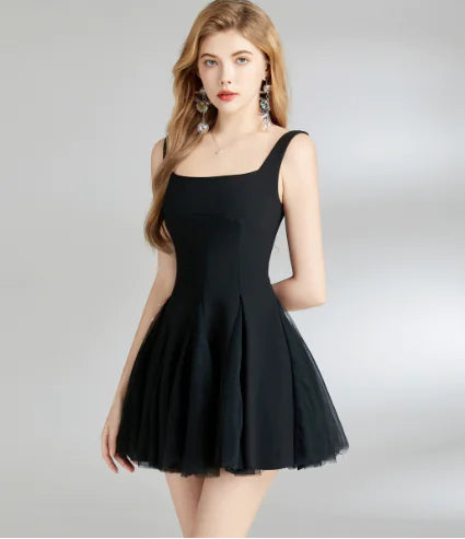 Solid Color Mesh Strap Dress with Flared Skirt