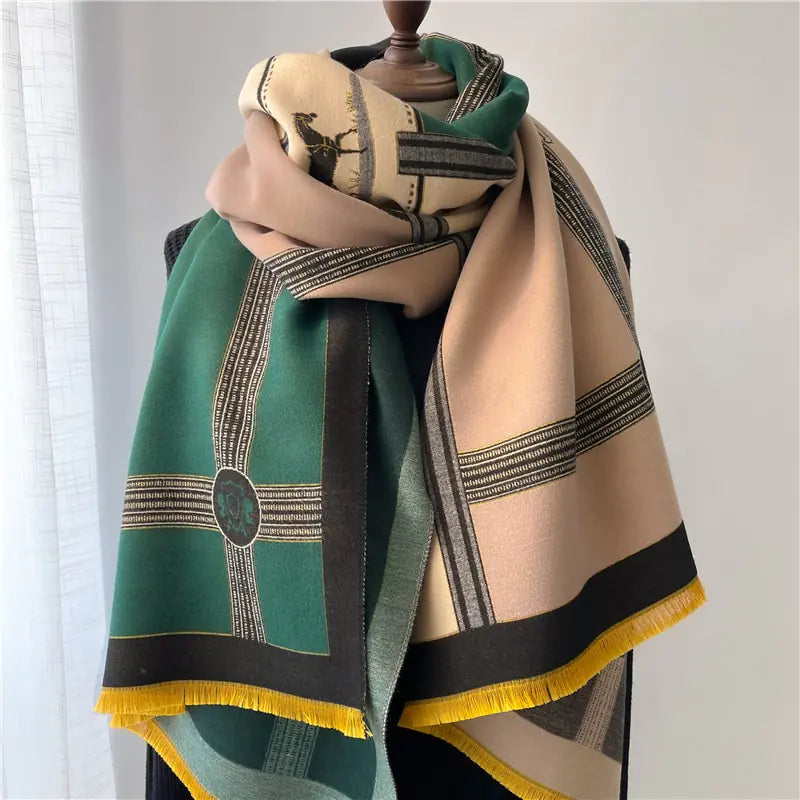 Women's Thick Cashmere Shawl with Horse Print Scarf