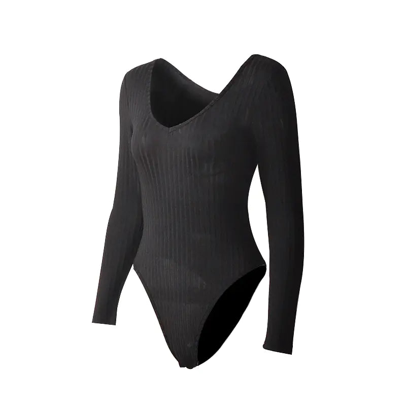 V-Neck Long Sleeve Ribbed Jumpsuit for Women