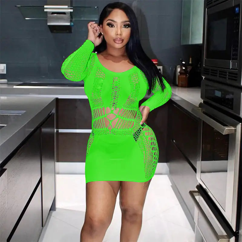 Slim Fit Long Sleeve Fishnet Sheath Dress