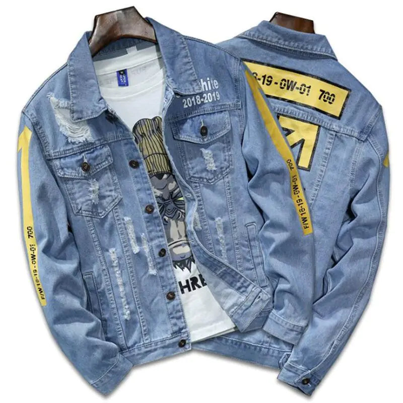 Men's Spring Autumn Light Blue Printed Denim Jacket