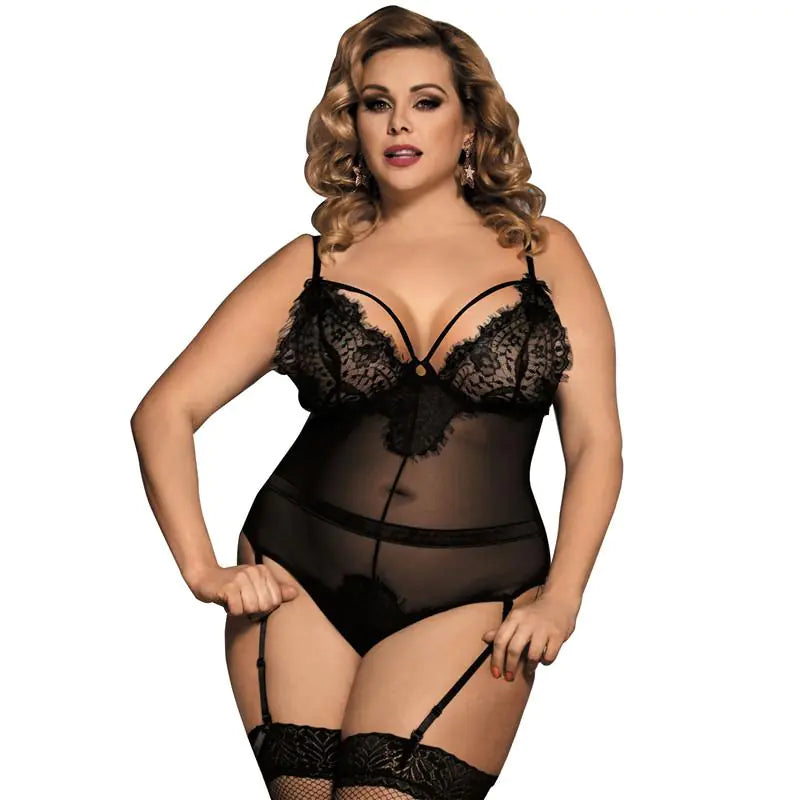 Plus Size Lace Lingerie Set with Suspender Nightgown