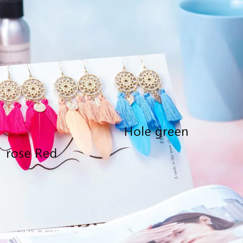 Sequin Feather Tassel Earrings for Women, Trendy Design