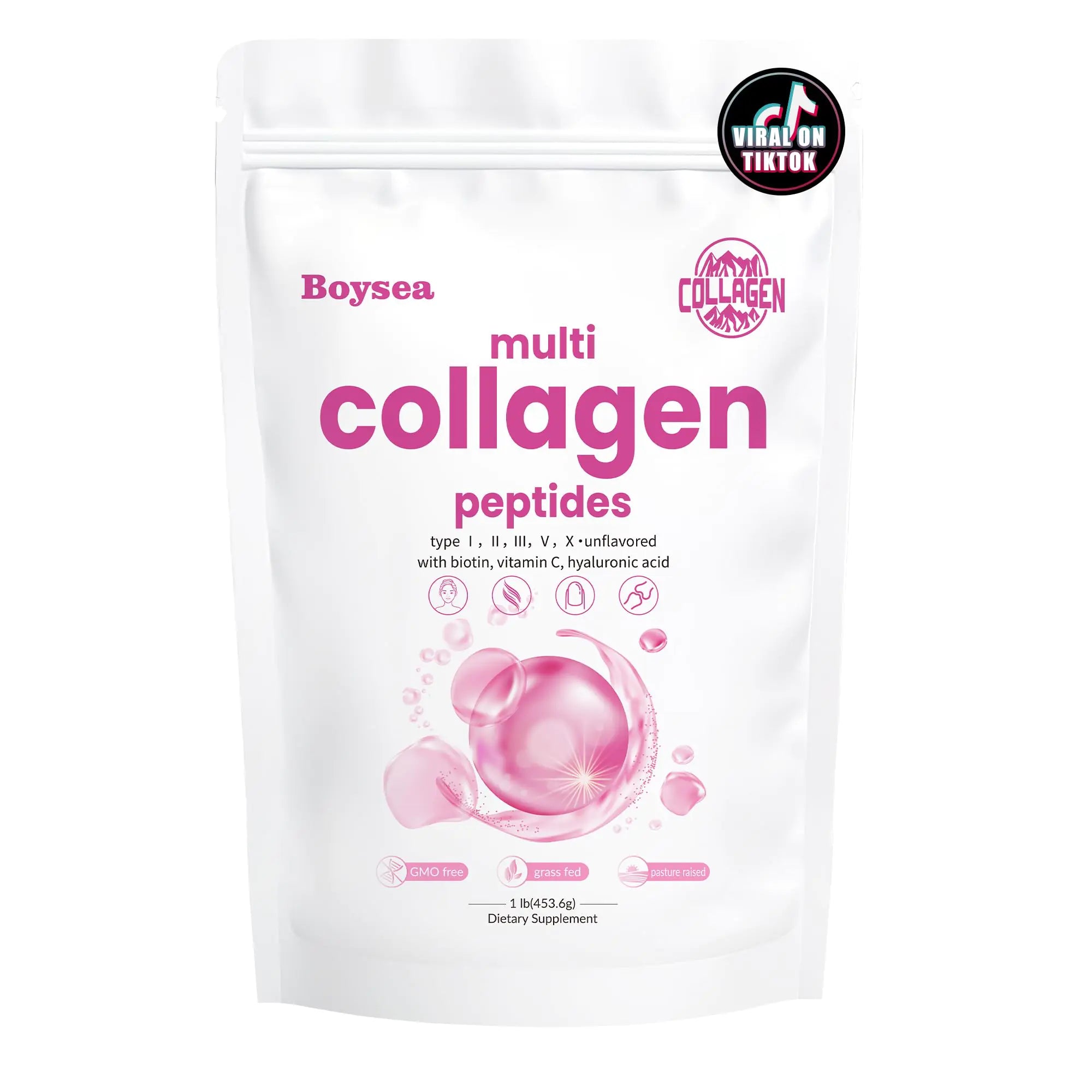 Boysea.Multi-Collagen Peptides Powder - Hydrolyzed Protein Peptide Types I II III V X with Biotin & Vitamin C Supports Skin Hair Nail and Joint Unflavored Non-GMO Gluten-Free Easy Mix 1LB