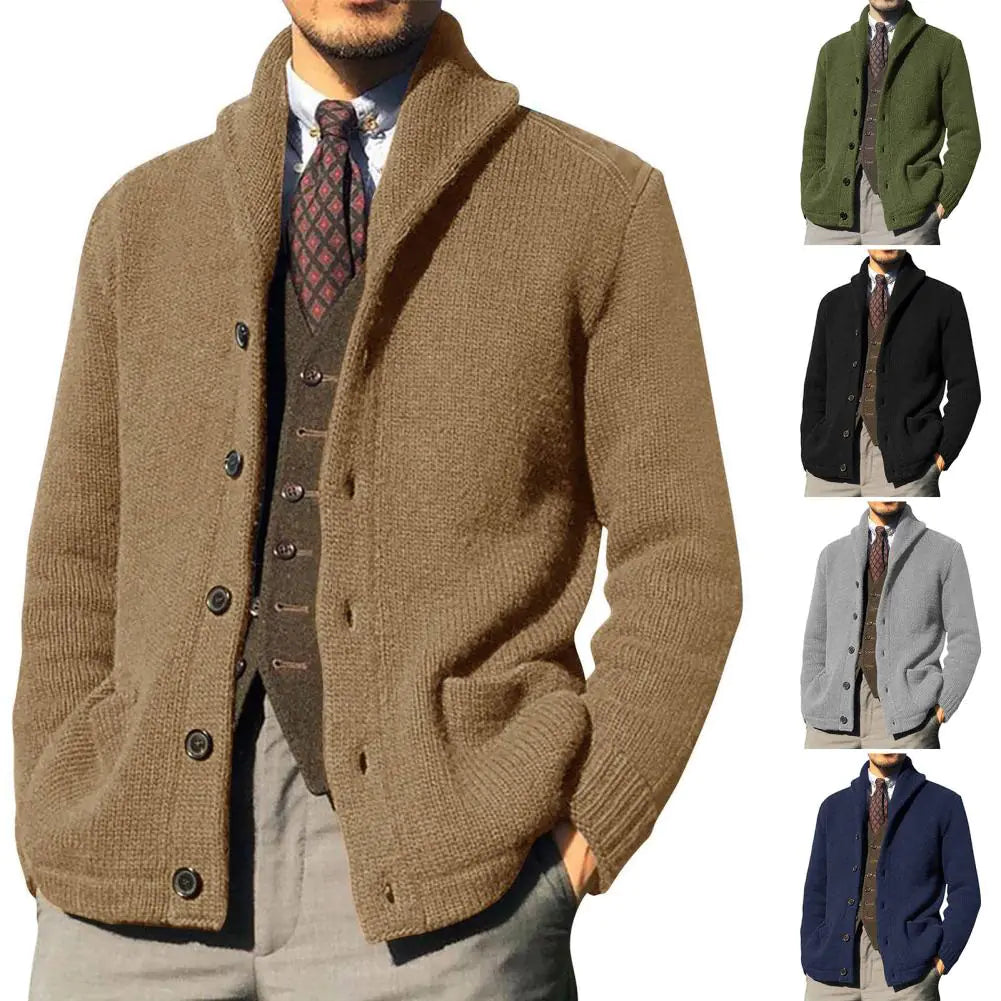 Men's Thick Knitted Cardigan with Pockets and Buttons