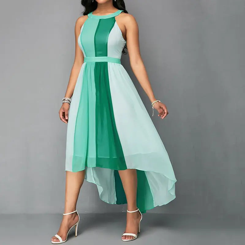 Color Block High-Low Dress with Neck Strap
