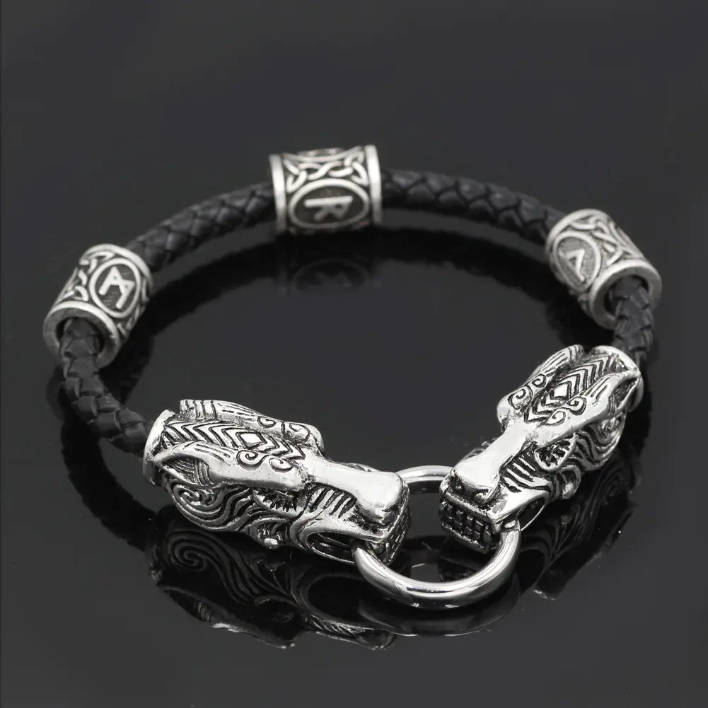 Vintage Viking Dragon Head Leather Bracelet for Men
