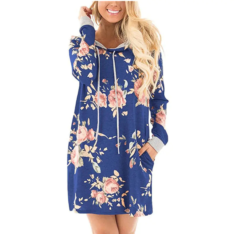 SINFEEL Autumn Fashion Floral Print Hoodie Dress for Women