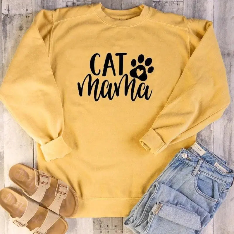 Cotton Crew Neck Sweatshirt with Cat Mama Design