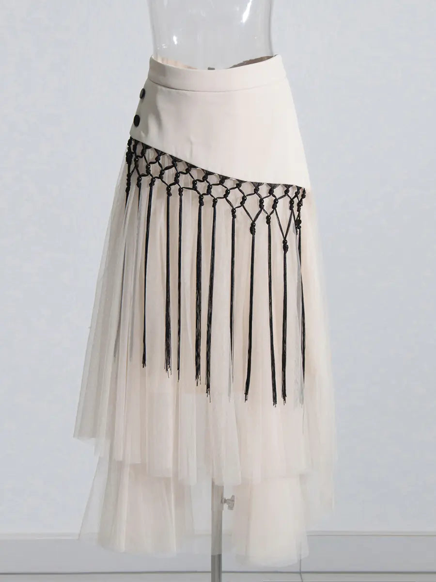Retro Mid-High Waist Embroidery Mesh Stitching Skirt